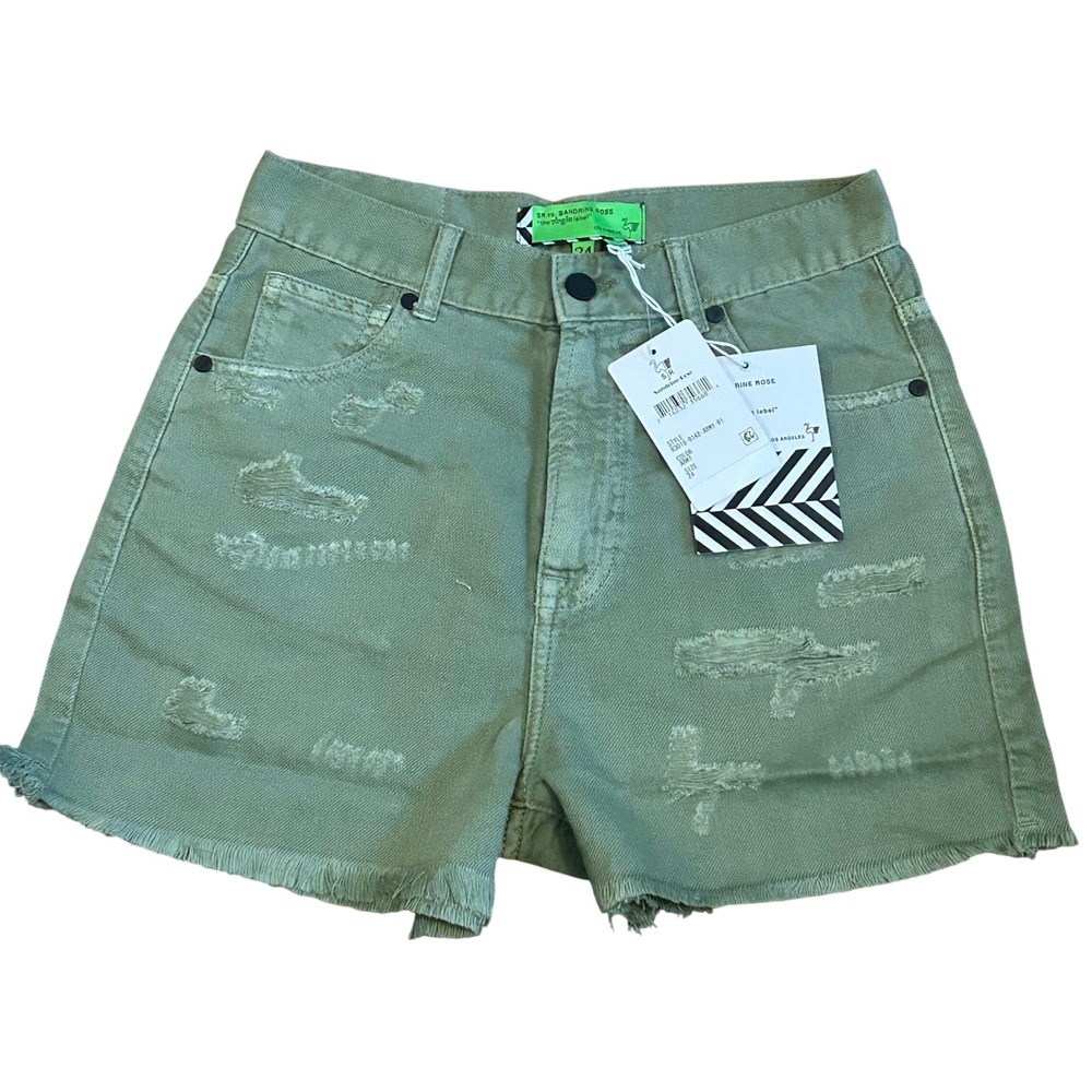 Sandrine Rose Distressed Denim Shorts Army Green Frayed Hem Size 24‎